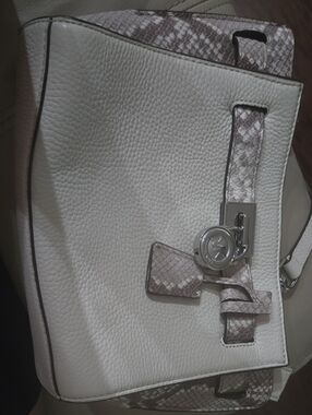 Michael Kors White Pebbled Leather Shoulder Bag with Snake-Print Trim